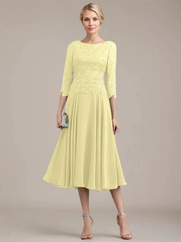 A-line Scoop Tea-Length Lace Chiffon Mother of the Bride Dress by Dreamylily