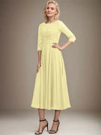 A-line Scoop Tea-Length Lace Chiffon Mother of the Bride Dress With Sequins by Dreamylily