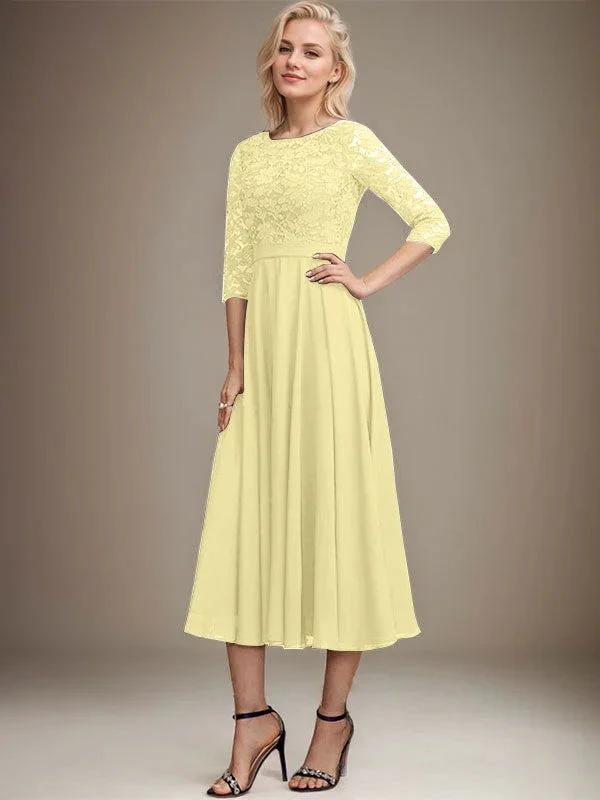 A-line Scoop Tea-Length Lace Chiffon Mother of the Bride Dress With Sequins by Dreamylily
