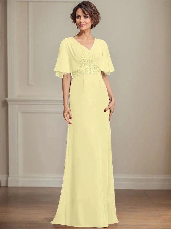 A-line V-Neck Floor-Length Chiffon Mother of the Bride Dress With Pleated Sequins Appliques Lace by Dreamylily