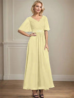 A-line V-Neck Ankle-Length Chiffon Mother of the Bride Dress With Pleated Beading Sequins by Dreamylily