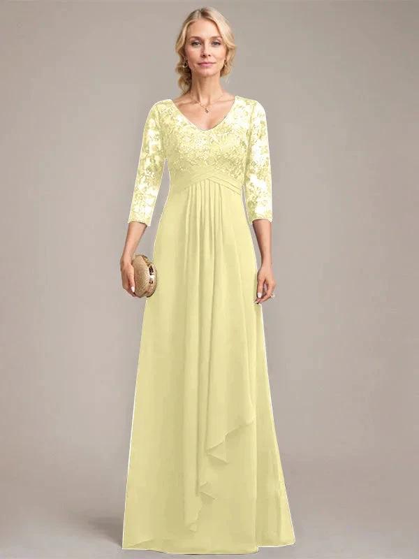 A-line V-Neck Floor-Length Lace Chiffon Mother of the Bride Dress With Cascading Ruffles Sequins by Dreamylily