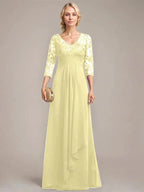 A-line V-Neck Floor-Length Lace Chiffon Mother of the Bride Dress With Cascading Ruffles Sequins by Dreamylily