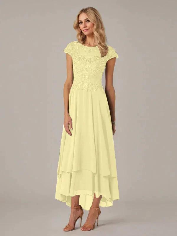 A-line Boat Neck Illusion Asymmetrical Chiffon Lace Mother of the Bride Dress With Applique Pleats by Dreamylily