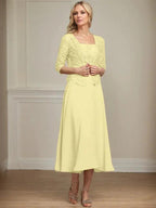 A-line Square Tea-Length Chiffon Lace Mother of the Bride Dress With Sequins Beading by Dreamylily