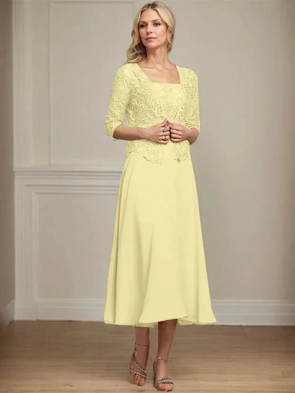 A-line Square Tea-Length Chiffon Lace Mother of the Bride Dress With Sequins Beading by Dreamylily