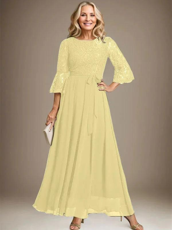 Robe de mère de la mariée en mousseline de soie à dentelle, longueur cheville, en forme trapèze avec encolure dégagée et nœud