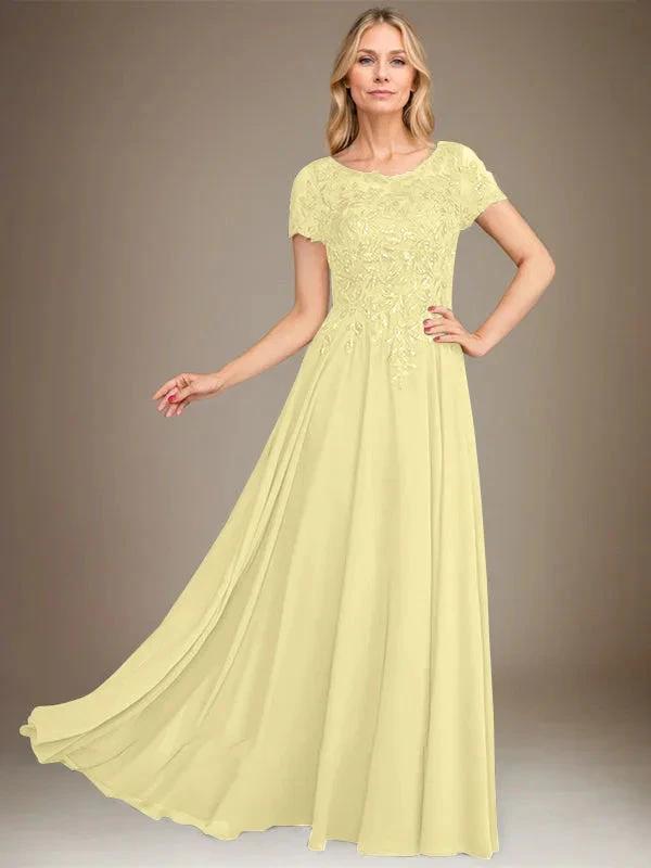 A-Line Scoop Floor-Length Chiffon Mother of the Bride Dress With Applique & Sequins by Dreamylily