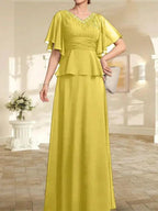 A-line V-Neck Floor-Length Chiffon Mother of the Bride Dress With Pleated Beading by Dreamylily