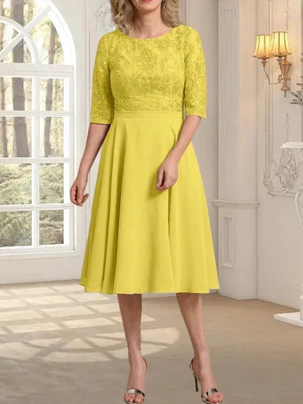 A-line Scoop Knee-Length Lace Chiffon Mother of the Bride Dress by Dreamylily