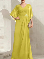 Sheath/Column V-Neck Floor-Length Chiffon Mother of the Bride Dress With Pleated Sequins Beading by Dreamylily