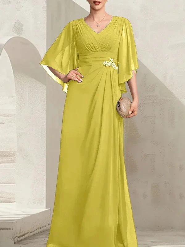 Sheath/Column V-Neck Floor-Length Chiffon Mother of the Bride Dress With Pleated Sequins Beading by Dreamylily