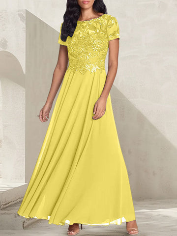 Vestido largo de madre de la novia con escote redondo, corte A, color gris carbón y cuentas