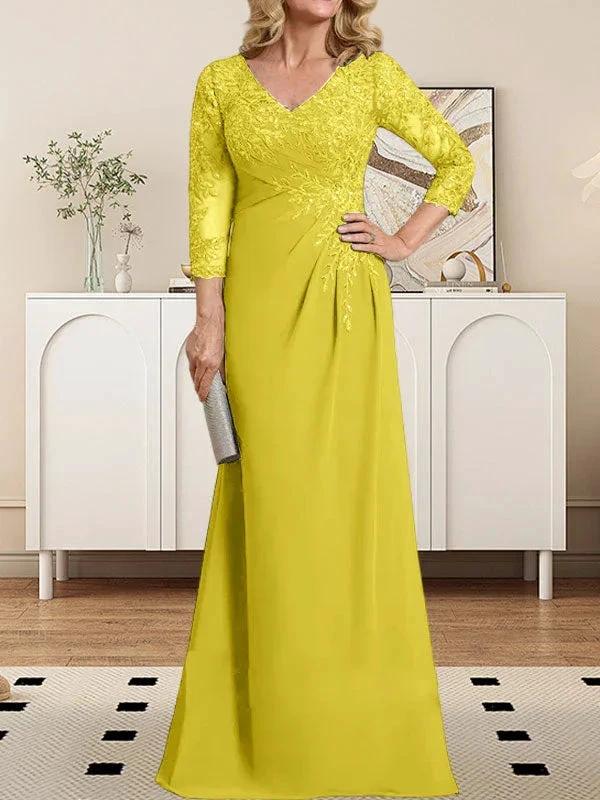 Sheath/Column V-Neck Illusion Floor-Length Lace Chiffon Mother of the Bride Dress With Pleated Sequins by Dreamylily
