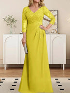 Sheath/Column V-Neck Illusion Floor-Length Lace Chiffon Mother of the Bride Dress With Pleated Sequins by Dreamylily