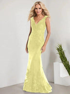 A-line V-Neck Floor-Length Lace Chiffon Mother of the Bride Dress With Applique Sequins Mermaid Dresses by Dreamylily