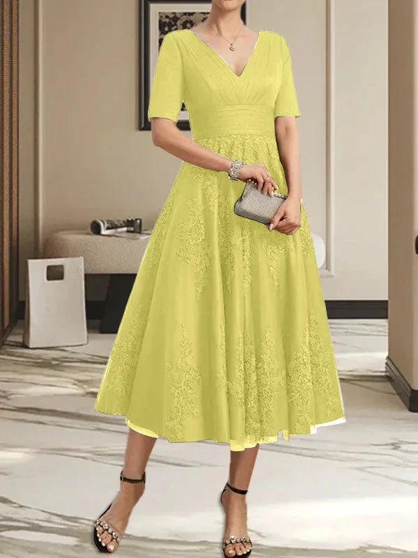 A-line V-Neck Tea-Length Tulle Lace Mother of the Bride Dress With Pleated by Dreamylily