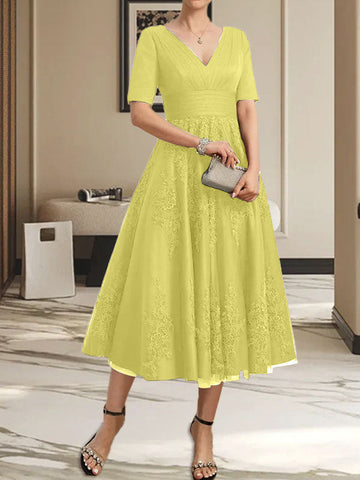 A-line V-Neck Tea-Length Tulle Lace Mother of the Bride Dress With Pleated