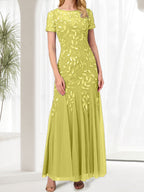 Blue Mermaid Round Neck Long Mother of the Bride Dress With Beadings