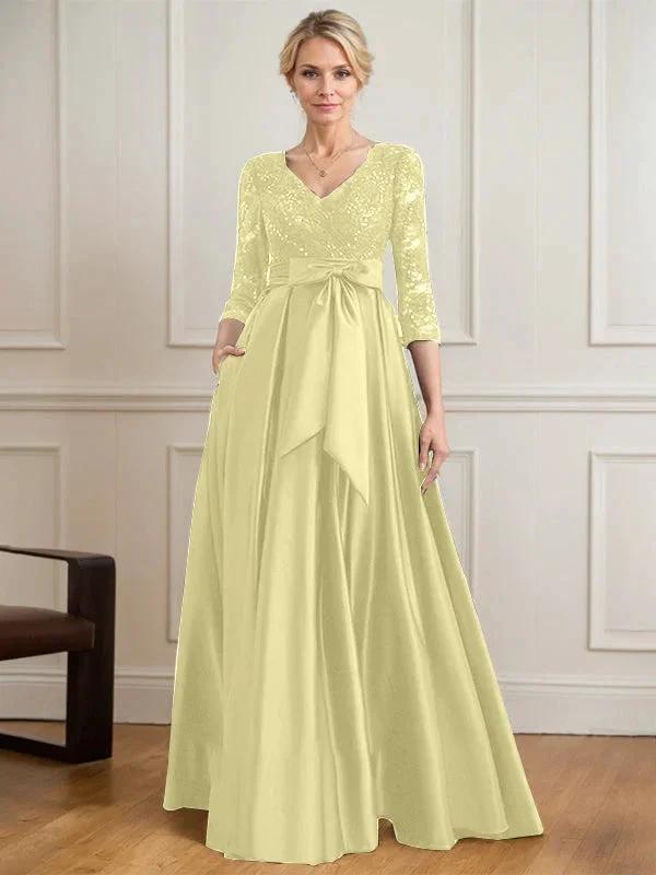 A-line V-Neck Floor-Length Satin Lace Mother of the Bride Dress With Sequins Bow by Dreamylily