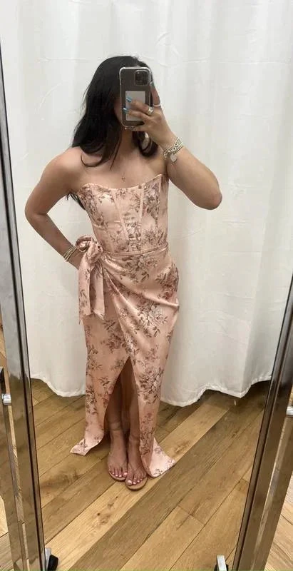 Fuchsia Printed Corset Front-Slit Satin Prom Dress Formal Evening Dress Y8458 by simplepromdress
