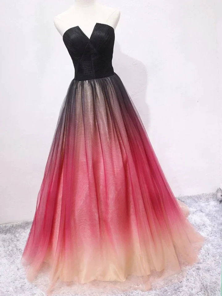 Strapless A Line V Neck Open Back Ombre Long Prom Dresses, Long Ombre Formal Graduation Evening Dresses Y1826 by simplepromdress