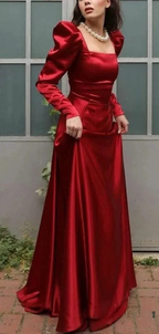 Elegant Square Neck Red Satin A Line Prom Evening Dress Y7855 by simplepromdress