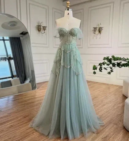 Sage Green A-Line Off The Shoulder Tulle Beaded Evening Dress Formal Prom Dress Y8157 by simplepromdress