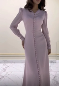Woman modeling long-sleeve mauve dress with side buttons from ZAPDRESS