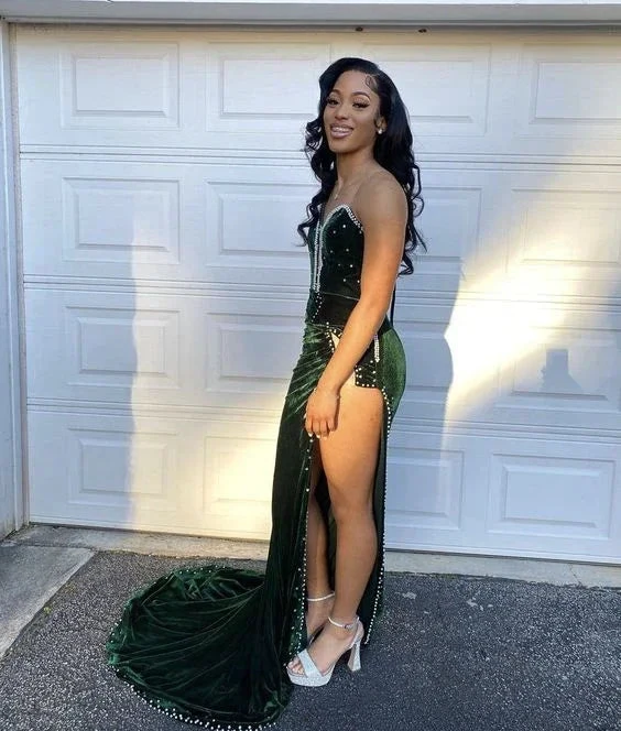 Green Velvet Prom Dress African Mermaid Evening Dress With Slit Y6480 by simplepromdress