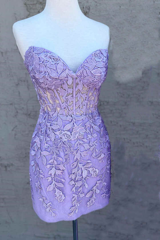 Lace-Up Appliques Strapless Sheath Homecoming Dress Y2490