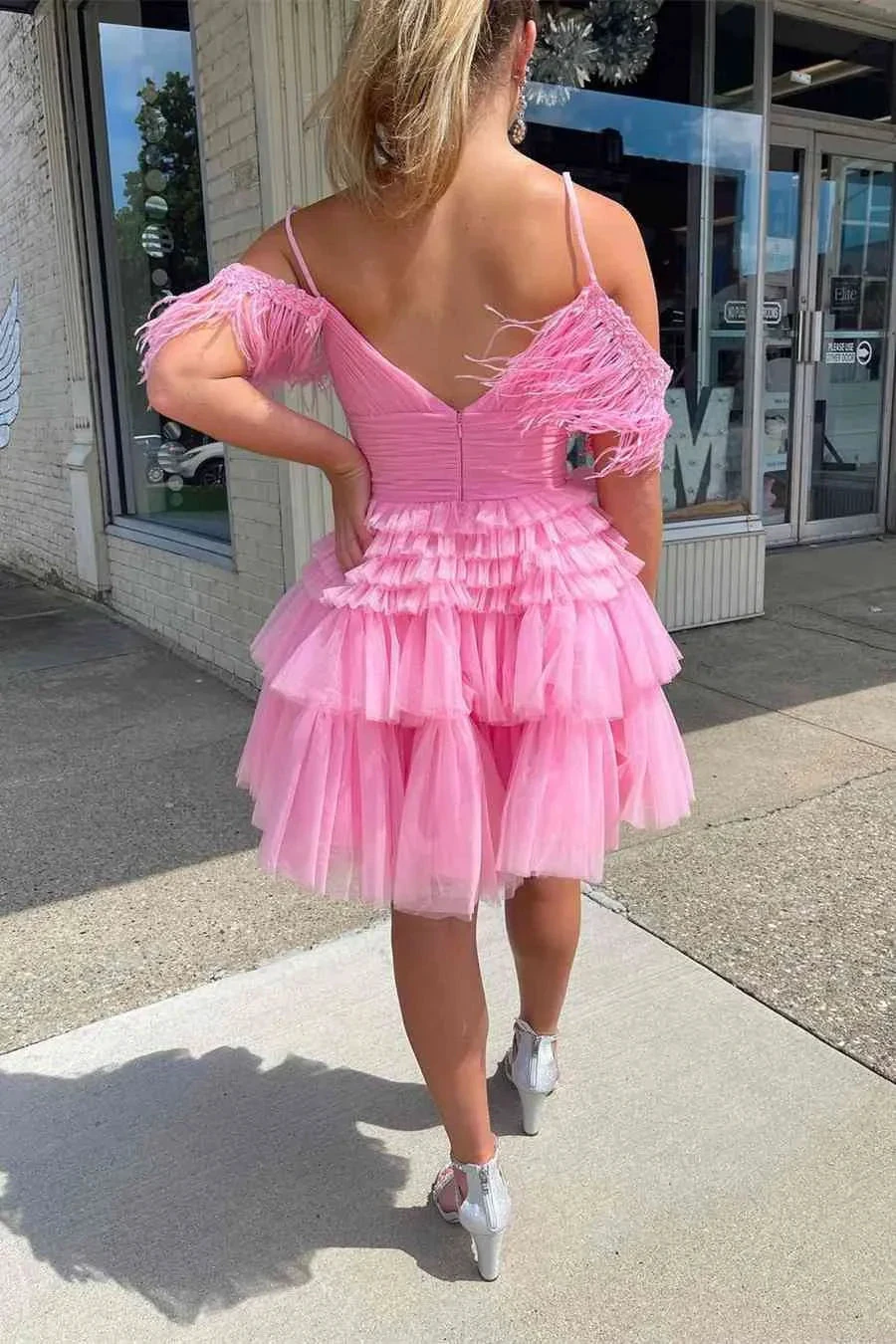 Pleated Hot Pink Cold Sleeves Tiered Tulle Party Dress Short Homecoming Dress Y1955 by simplepromdress