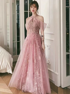Pink party dress, halter neck prom dress, sweet fairy evening dress Y1918 by simplepromdress