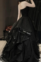 Black tulle long prom dress A line evening gown Y74 by simplepromdress