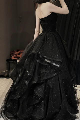 Vestido de fiesta largo de tul negro, corte A, vestido de noche Y74