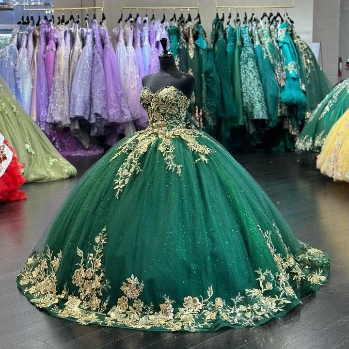Glitter Sweetheart Green Tulle and Gold Appliques Ball Gown Sweet 16 Dress Princess Dress Y4304 by simplepromdress