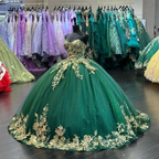 Glitter Sweetheart Green Tulle and Gold Appliques Ball Gown Sweet 16 Dress Princess Dress Y4304 by simplepromdress