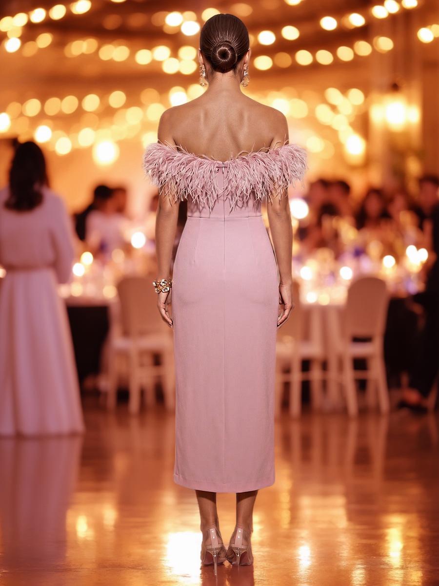 Strapless Tea Length Cocktail Dress with Feather Trim - Back View | ZapDress ZD17547