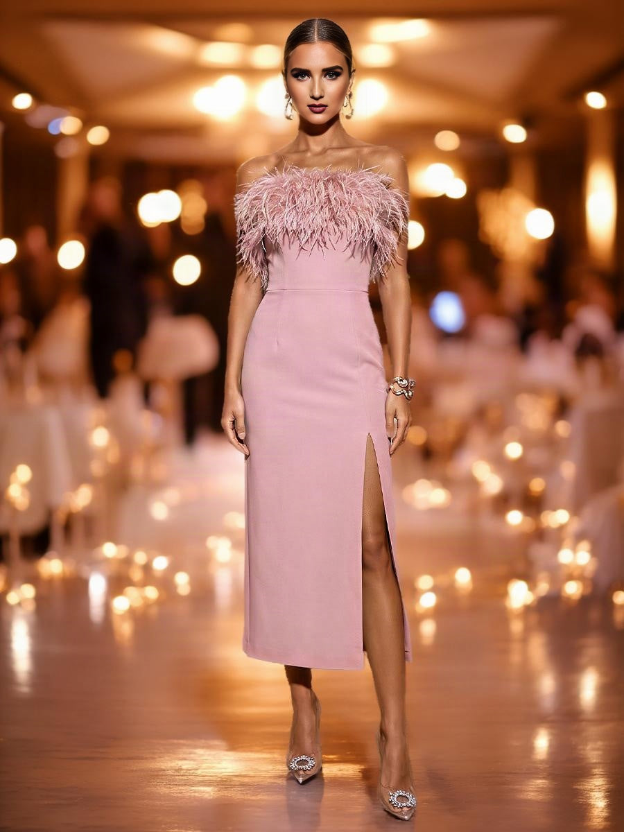 Sheath Column Strapless Stretch Jersey Tea Length Cocktail Dress with Feather Trim and Slit - Front View | ZapDress ZD17547