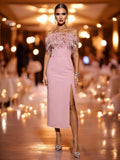 Sheath Column Strapless Stretch Jersey Tea Length Cocktail Dress with Feather Trim and Slit - Front View | ZapDress ZD17547