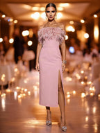 Sheath Column Strapless Stretch Jersey Tea Length Cocktail Dress with Feather Trim and Slit - Front View | ZapDress ZD17547
