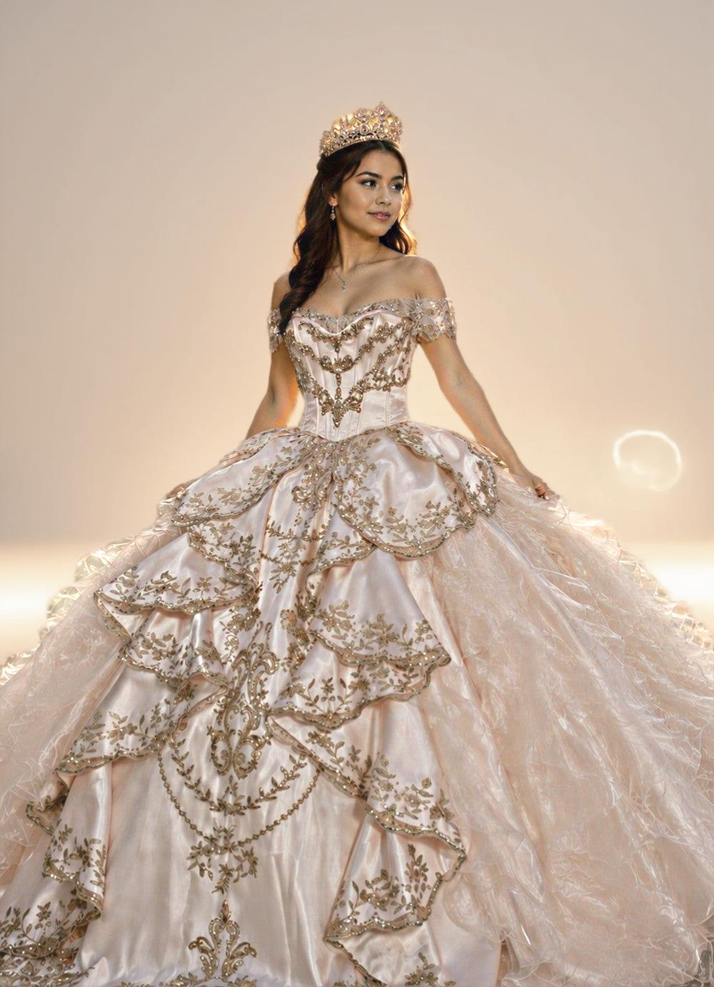 Blush Pink Off Shoulder Quinceanera Dress with Rose Gold Embroidery Ball Gown - ZapDress (ZD17548)