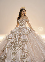 Blush Pink Off Shoulder Quinceanera Dress with Rose Gold Embroidery Ball Gown - ZapDress (ZD17548)