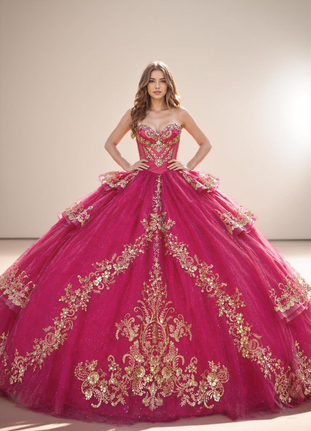 Strapless Fuchsia Quinceanera Dress with Gold Beaded Embroidery Ball Gown - ZapDress (ZD17549)