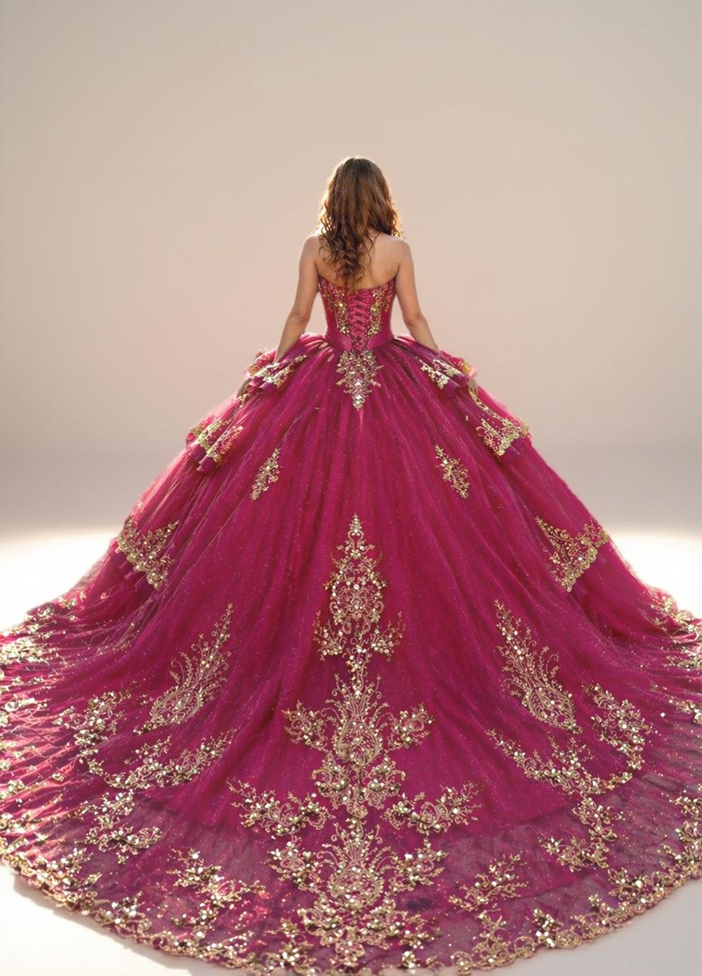 Strapless Fuchsia Quinceanera Dress with Gold Beaded Embroidery Ball Gown - ZapDress (ZD17549)
