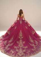 Strapless Fuchsia Quinceanera Dress with Gold Beaded Embroidery Ball Gown - ZapDress (ZD17549)