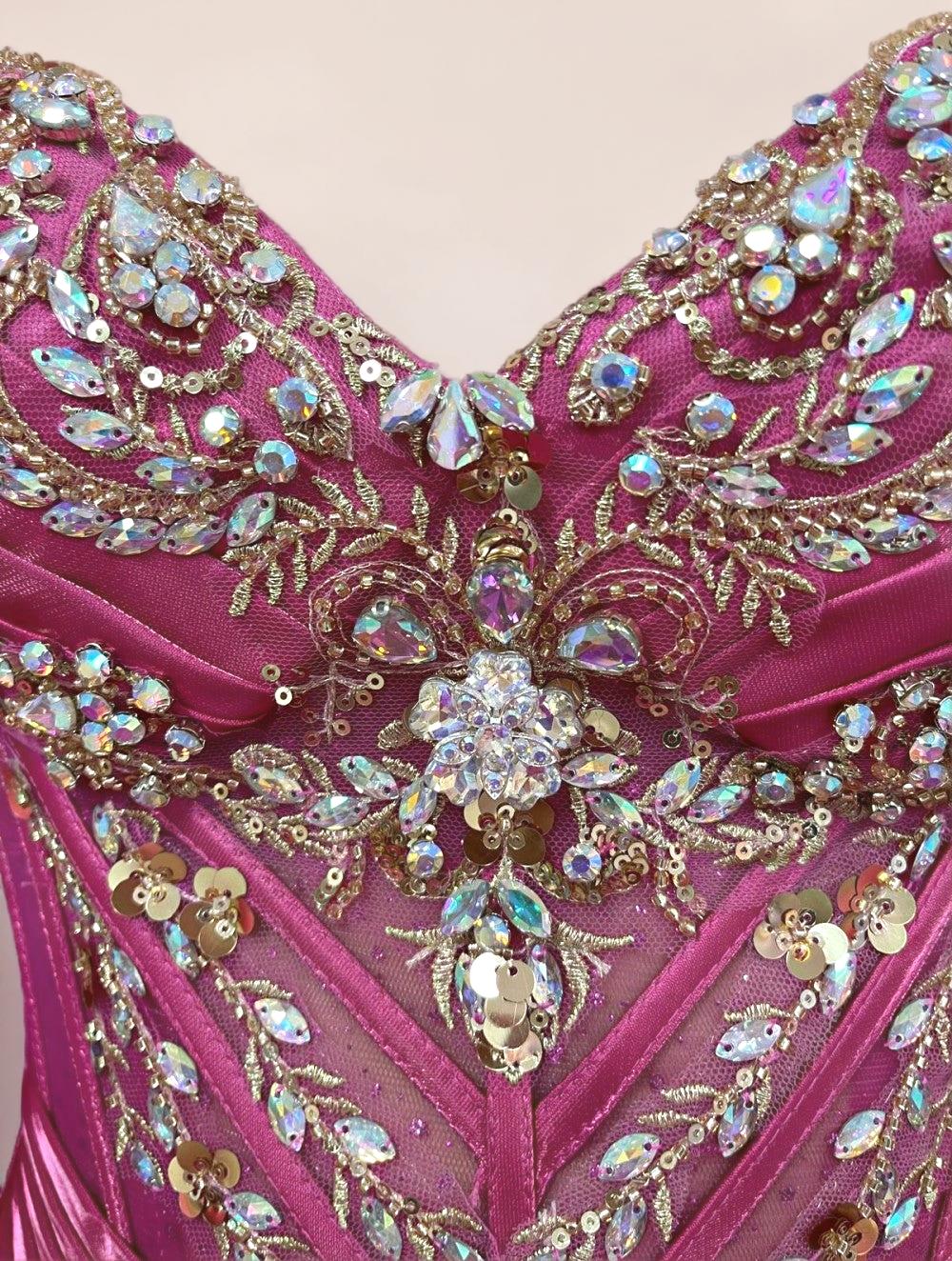 Strapless Fuchsia Quinceanera Dress with Gold Beaded Embroidery Ball Gown - ZapDress (ZD17549)