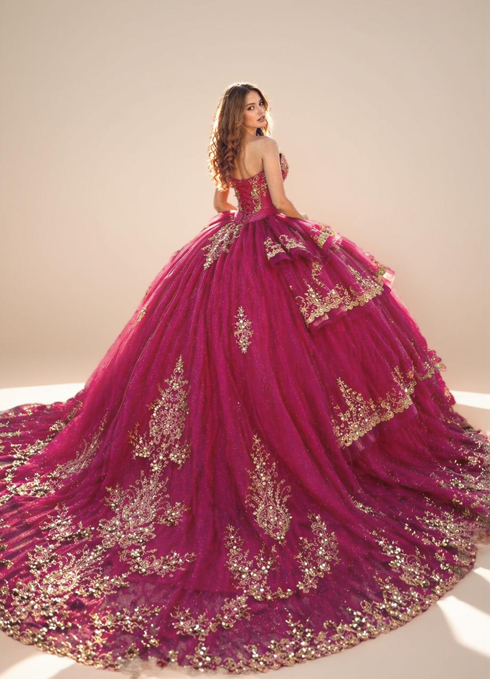 Strapless Fuchsia Quinceanera Dress with Gold Beaded Embroidery Ball Gown - ZapDress (ZD17549)