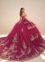 Strapless Fuchsia Quinceanera Dress with Gold Beaded Embroidery Ball Gown - ZapDress (ZD17549)