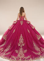 Strapless Fuchsia Quinceanera Dress with Gold Beaded Embroidery Ball Gown - ZapDress (ZD17549)
